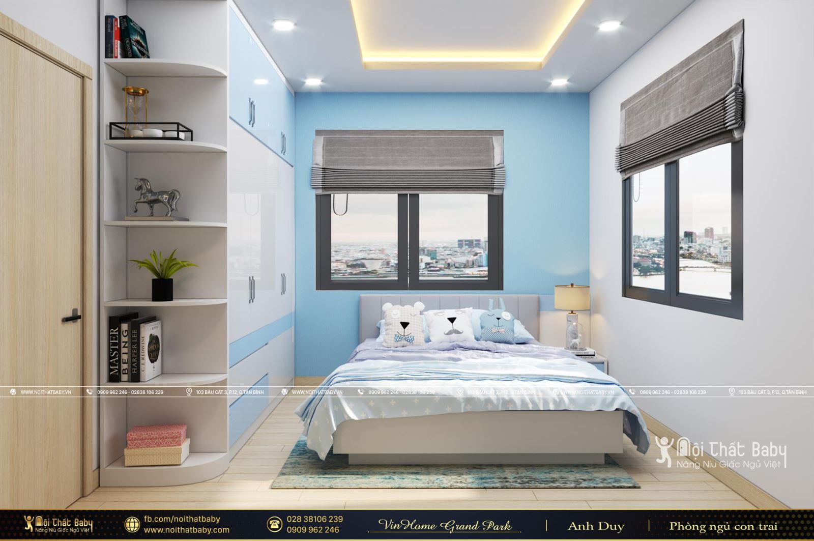 Nội thất phòng ngủ bé trai hiện đại căn Vinhomes Grand Park 69m2